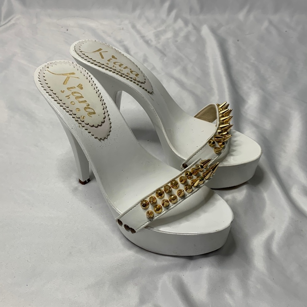 Kiara Shoes Studded White Open Toe Platform Slip On Heels